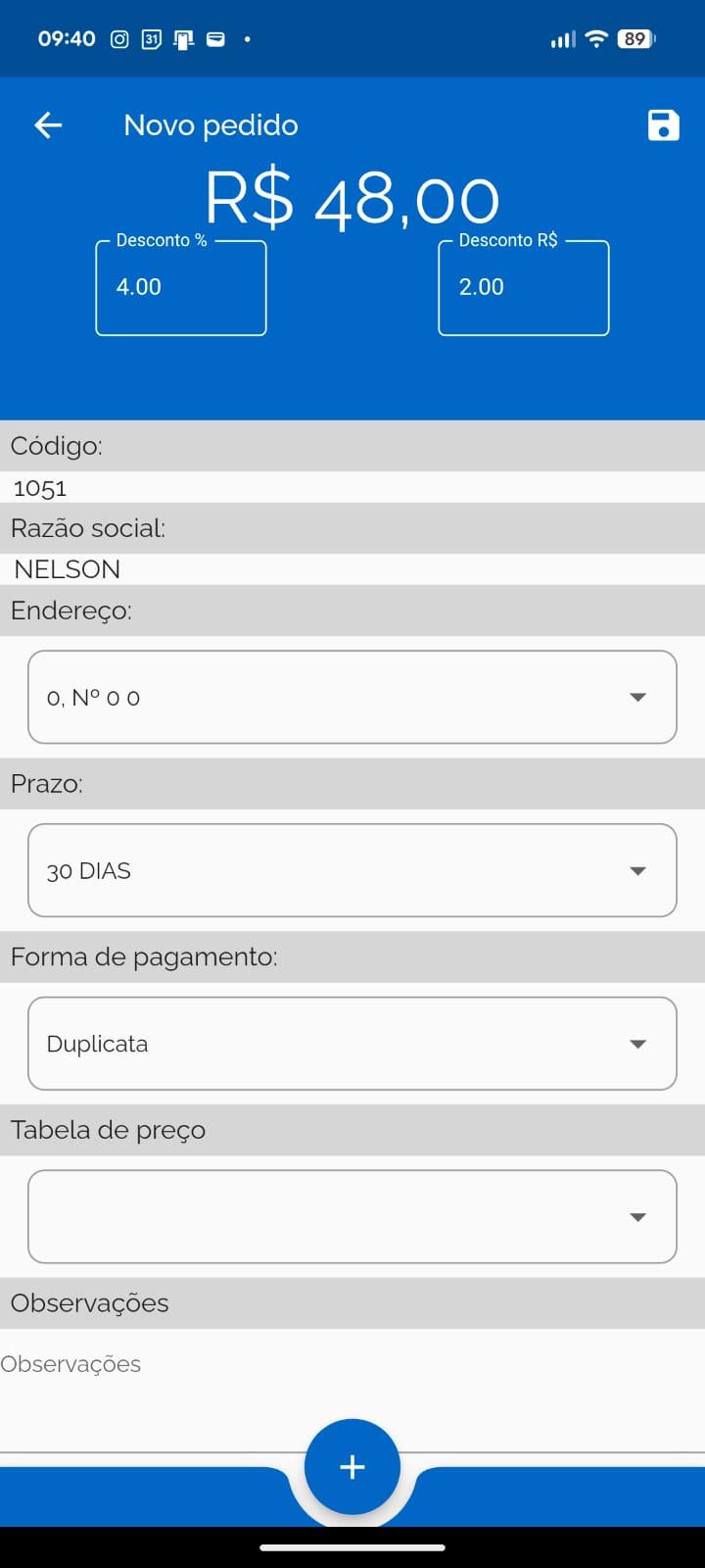 Tela de pedido do MIDAS Mobile